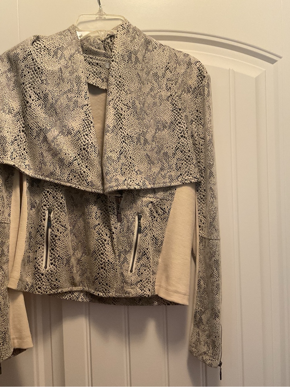 Snake-Print Draped Collar Blazer Jacket in Beige